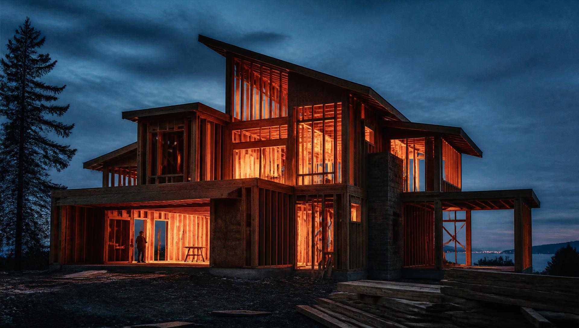 Custom home under construction glowing warm at blue hour