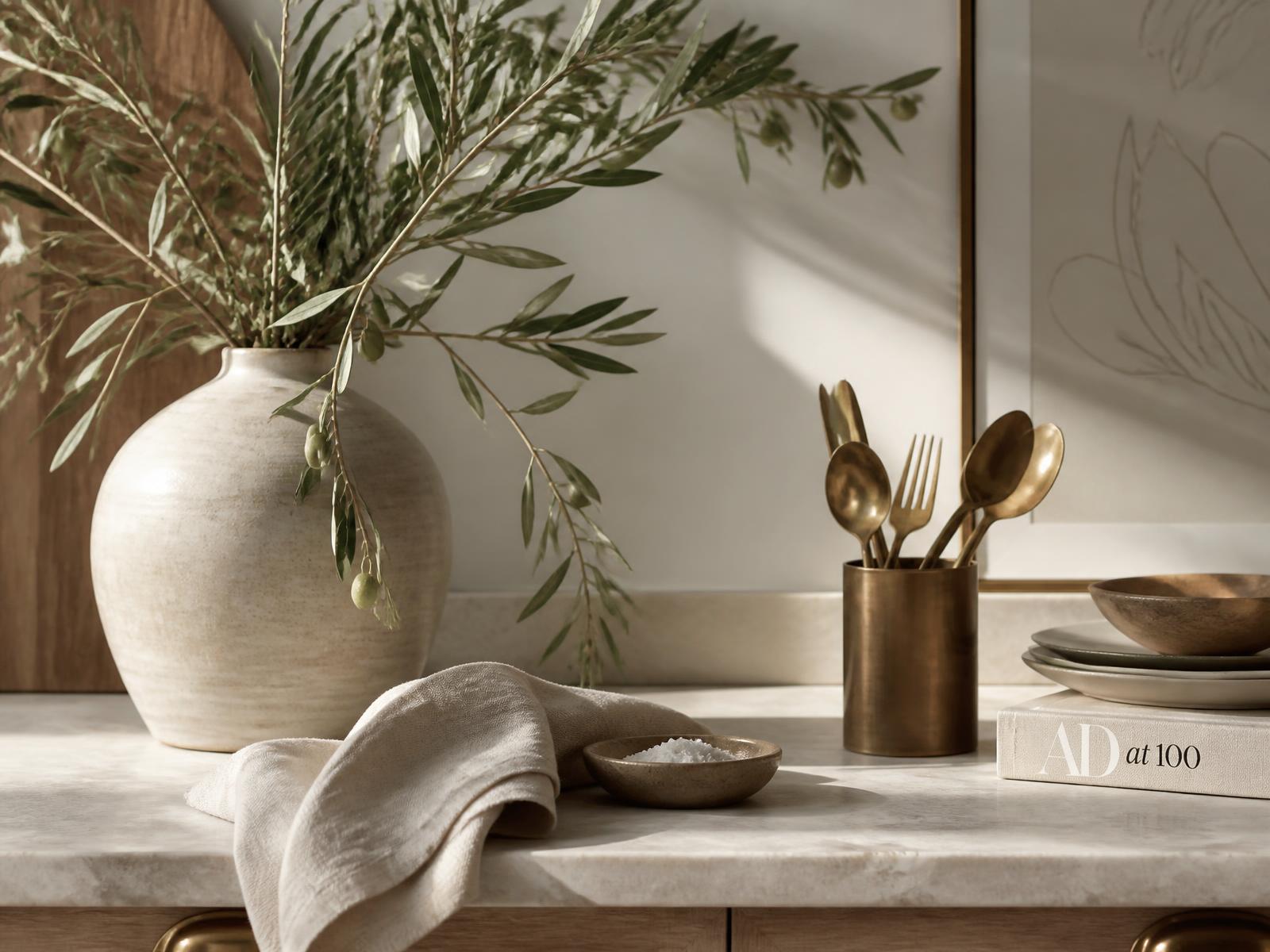 Styled counter vignette with ceramic vase, olive branches and brass details